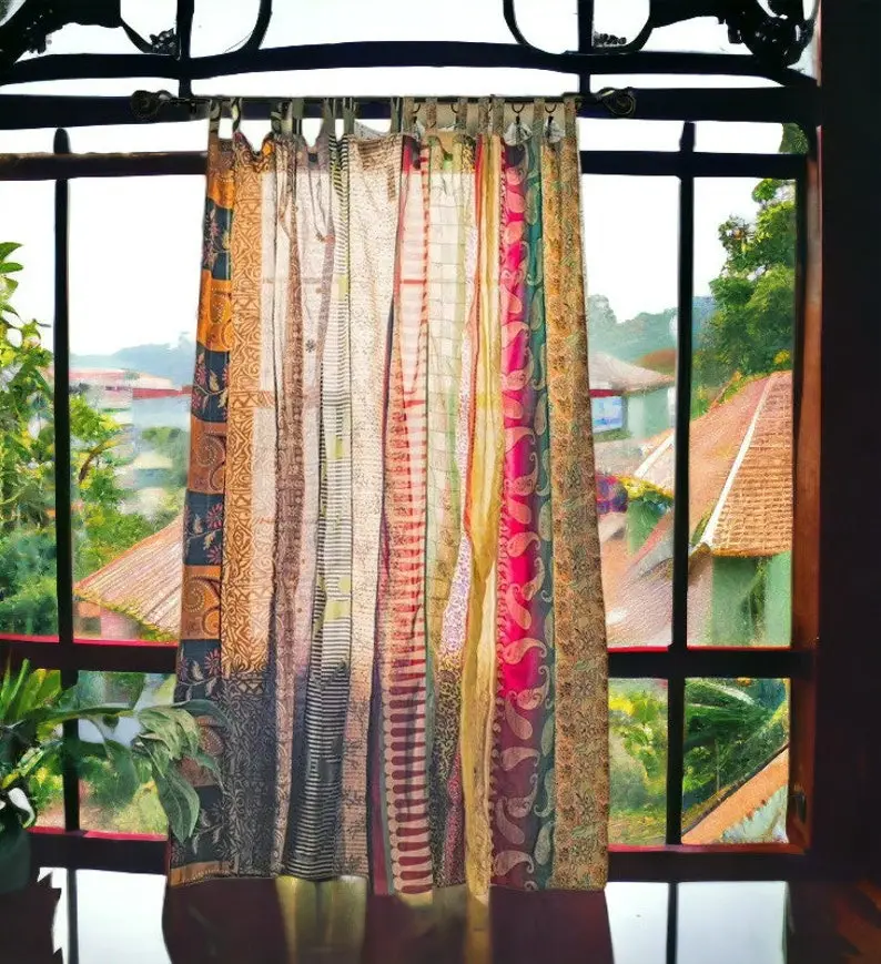 ผ้าส่าหรีผ้าไหมเก่าแบบวินเทจของอินเดียผ้าม่านหน้าต่างประตูบ้านตกแต่งด้วยมือ