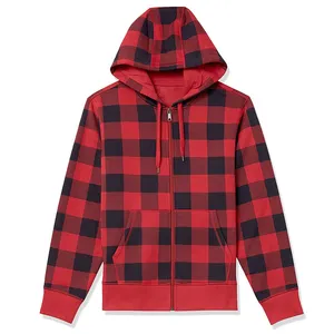 Wholesale new designer cotton heavyweight full zipper hoodie jacket men's plus size blank flannel printed red and black contrast