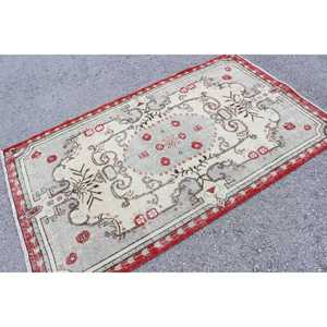 Alfombra Vintage, Alfombra Turca de 3.9x6.5 pies, Alfombra de Lana con Diseño Floral Rojo y Gris - Product Image 2