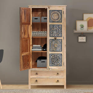 Modern Solid Teak Wood Handcarved Two Tone Storage Cabinet Armoire Wardrobe <b>Shelves</b> Two <b>Drawers</b> Bedroom Apartment Hotel - Product Image 2