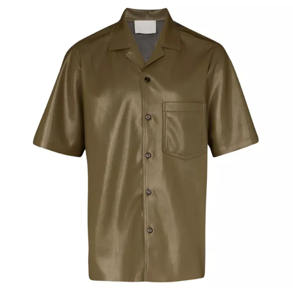 100% polyester front button fastening curved hem short-sleeved faux leather shirt for men