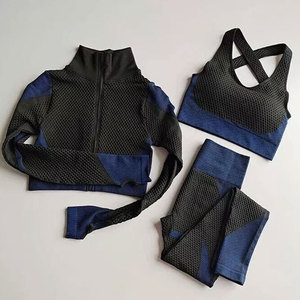 Women 3 Piece Yoga Set Black Blue Mesh <b>Crop</b> Top High Waist <b>Leggings</b> Crisscross Sports Bra Seamless Spandex Polyester Breathable - Product Image 5