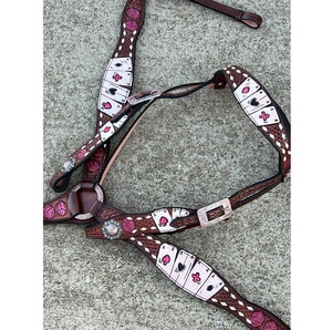 Premium Western Brown Leather Cards & <b>Dice</b> Design Loop Ring Headstall & Breast Collar SS Pin Buckle & Designer Conchos Tack <b>Set</b> - Product Image 1