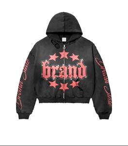 Custom Vintage Zipper Embroidered Rhinestone Streetwear Silk Screen Printing Acid Wash Oversized 100% Cotton Winter High Quality - Product Image 2