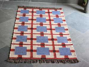 Alfombra Kilim de lana tejida a mano, alfombra geométrica azul roja, alfombra Bohemia para sala de estar, alfombra de piso con patrón a cuadros, Dhurrie de lana moderna - Product Image 2