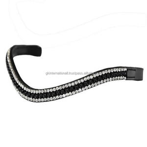 Perle noire personnalisée avec cristaux clairs chaîne en métal bling forme de vague bande de front de cheval en cuir anglais noir dans les tailles complètes d'épi - Product Image 1