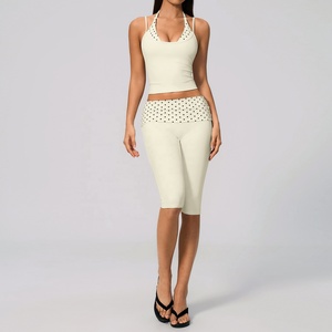 Custom Cream Halter Crop Top High Waist Wide Leg Pants 2 Piece Yoga Set Dot Pattern Spandex Polyester Breathable Seamless - Product Image 6