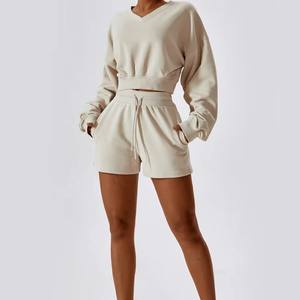 Ropa de calle Mujer Cuello en V Fleece Oversized Tops Mujer Pullover Venta al por mayor Sudaderas recortadas/suéter para mujer - Product Image 3