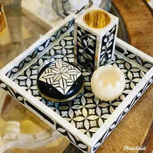 Khay Phục Vụ Được Chế Tác Thủ Công Ngọc Trai Với Khay Đốt Bakhoor Tealight Khảm Ngọc Trai Và Khảm Ngọc Trai Bằng Đồ Thủ Công Cổ Điển Ấn Độ