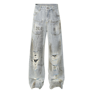 กางเกงยีนส์ขาบานสำหรับผู้ชายและผู้หญิงกางเกงยีนส์ทรงแบ็กกี้หลายกระเป๋าผ้ายีนส์มีรอยขาดจากโคลนซักได้ตามต้องการมาก - Product Image 3