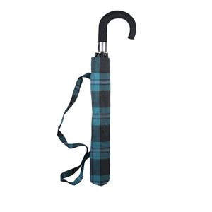 Acquamarina Tartan 8-costole apertura automatica Mini ombrello pieghevole con tracolla fodera in tessuto Pongee - Product Image 1