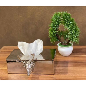Dernière boîte à mouchoirs décorative pour la maison porte-serviettes et distributeur en boîte à mouchoirs en métal argenté avec accent de cerf antique à vendre - Product Image 1