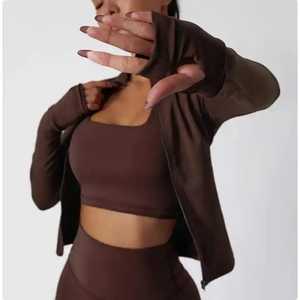 Conjunto deportivo de alta calidad, mallas fruncidas con sujetador, ropa de Yoga de manga larga, conjunto de entrenamiento activo para mujer, conjunto de 2 piezas para mujer - Product Image 6