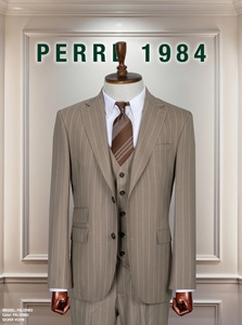 Costume d'affaires homme bleu marine à rayures fines, simple boutonnage, col à revers, coupe droite, en laine et polyester, infroissable, style britannique - Product Image 3