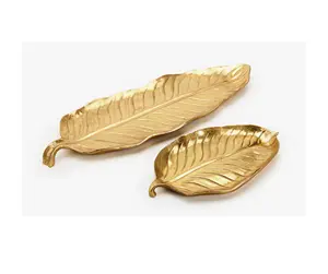 Gold Mirror Polished Design Metal Food Serving Tray Supplier Custom Handmade Unique Metal Leaf Design Serving Tray
