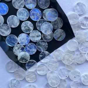หินมูนสโตนสีรุ้งธรรมชาติสีขาวธรรมชาติ10มม. 20มม. รูปทรงเหรียญเรียบแผ่นอัญมณีหลวมสำหรับทำเครื่องประดับหินแผ่นกลับบาง - Product Image 4