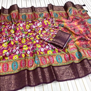 Tela de Seda de Lichi Suave y Pesada con Borde de Jacquard en Ambos Lados, Sari de Primera Calidad con Elegantes Borlas - Product Image 5