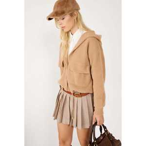 Casual Camel Button Detail Pocket Knit <b>Cardigan</b> Crocheted and Woven Print Pattern Short <b>Length</b> for Spring and Autumn Seasons - Product Image 1