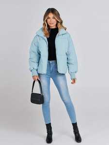 Chaqueta Bomber Acolchada Azul Claro para Mujer, Abrigo Cálido de Invierno con un Solo Botón, Ropa Exterior Gruesa de Otoño, Corta, Informal, para Clima Frío, con Capucha, Acogedora - Product Image 5