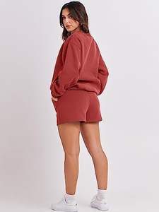 Wholesale Rib Cuffed Sweatshirt Hoodies Shorts Set Custom Tracksuits Women Fashion Round Neck Long Sleeve Solid Color Casual Top - Product Image 5