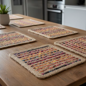 Manteles Individuales Cuadrados Modernos de Yute Trenzado y Chindi, Ecológicos, con Diseño Floral, Antideslizantes, Personalizables, Hechos a Máquina para Uso Doméstico - Product Image 1