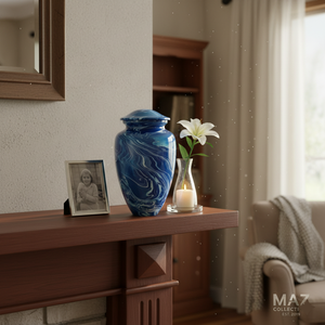 Urne funéraire haut de gamme en aluminium moulé à la main MAAZ COLLECTIONS pour cendres humaines, finition marbre bleu, durable, commémorative, vente en gros - Product Image 4