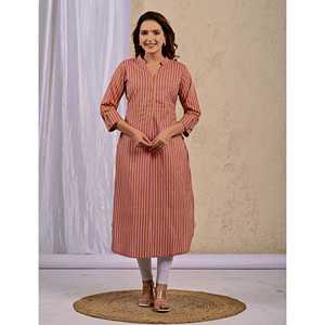 Pink Stripes Printed Straight <b>Kurti</b> for Girls Ladies Traditional Modern Elegant Indian Ethnic Summer Suit Embroidered Reyon Long - Product Image 3