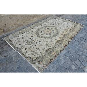 Vintage Turkish Wool Rug Classic Beige Green 5.2 X 8.7ft Large Area Latex Backing for Hallway Bedroom Bedside Patchwork Design - Product Image 3