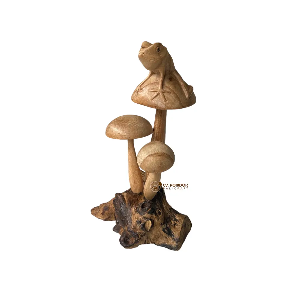 Yüksek kaliteli ahşap oyma kurbağa mantar heykelcik masa üstü dekorasyonları doğal ahşap renk ahşap boyutu 18cm