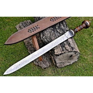 Épée romaine Gladius en acier Damas faite à la main avec manche en bois et fourreau en cuir - Product Image 3