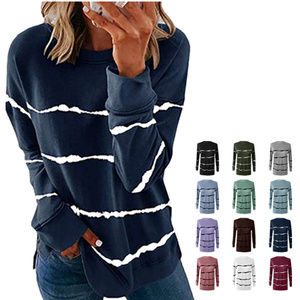 Logo personnalisé 15 couleurs 230g polyester automne femmes imprimé français éponge rayé à manches longues chemise T-shirt pour hommes - Product Image 1