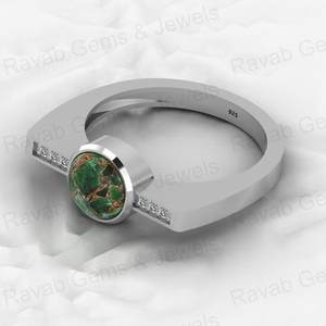 Bague de créateur en or 18 carats et argent 925, avec pierre de péridot vert ronde de 7 mm, sertie de diamants en cuivre CZ, bijoux fins pour femmes - Product Image 6