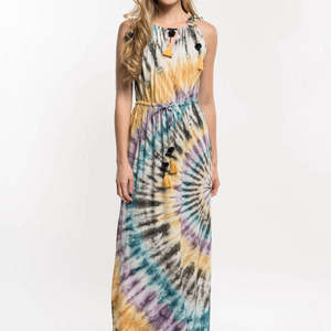 Vestido Maxi de Mujer con Mangas Campana 3/4, Estampado Tie-Dye, Estilo Boho, Cinturón con Borlas, Estampado en Espiral, Ecológico, Lavable, Vestido de Playa con Aberturas, India - Product Image 1
