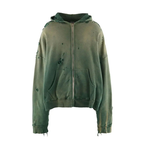Élégant à la mode respirant hommes blanc lavage à l'acide en détresse fermeture éclair Hoodies 100% coton surdimensionné poids lourd conception personnalisée - Product Image 1