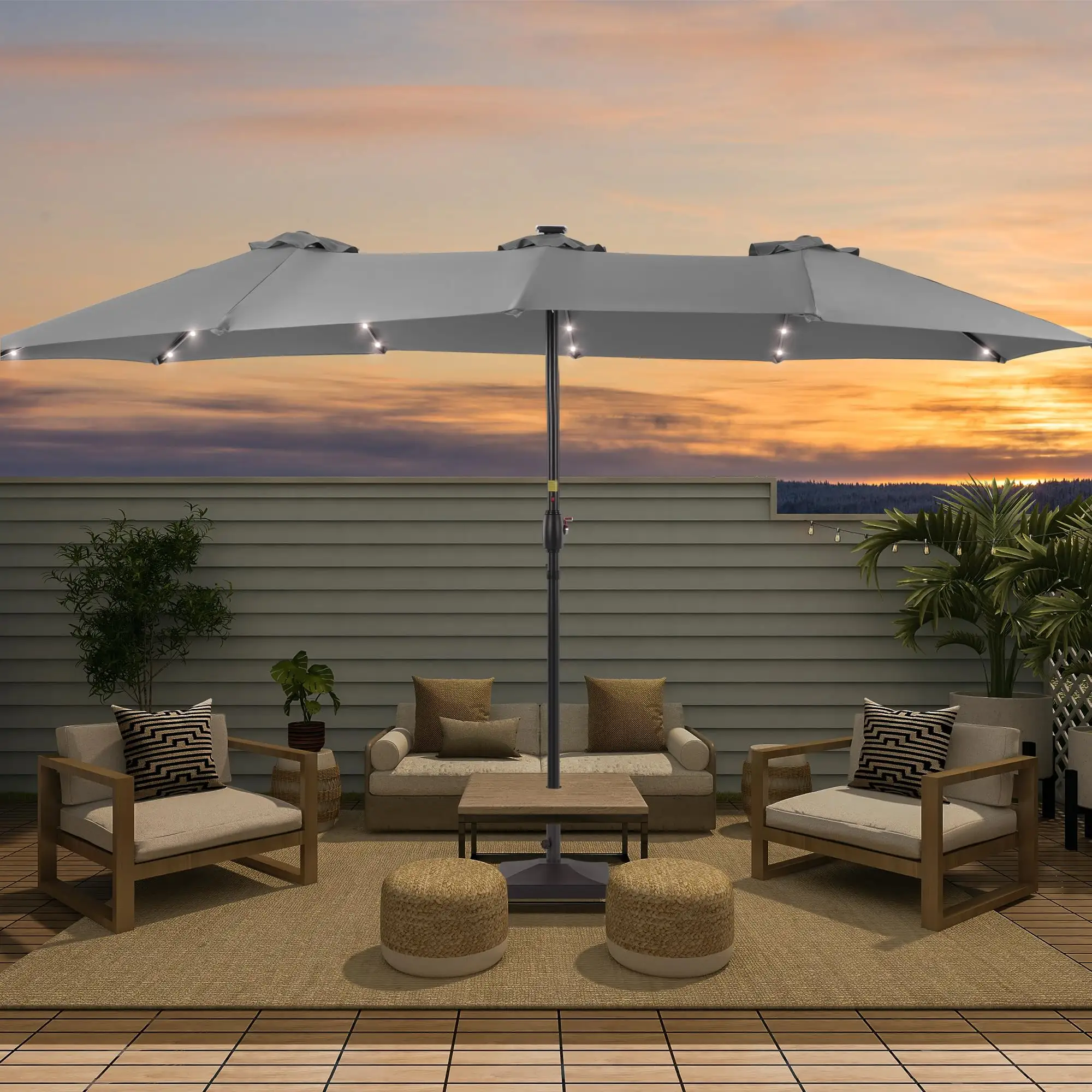 Parapluie de patio double face de 15 pieds avec manivelle Parapluie extérieur 48 LED 12 nervures avec conception résistante au vent