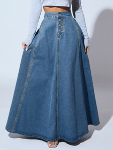 Falda Larga Maxi Ecológica de Denim Azul Clásico con Dobladillo Grande Corte Recto Estilo Y2K Patrón Sólido Cintura con Logo para Primavera Verano Otoño - Product Image 2