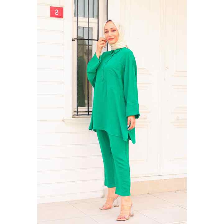 Women's Green Trousers Tunic with Pockets Ayrobin Crepe Bottom Top Double Set