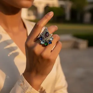 แหวนทองวินเทจสำหรับผู้หญิง เงินแท้ 925 ประดับพลอยหลากชนิด แหวนค็อกเทล ทรงไข่ ฝังเพชร ชุบทองและโรเดียม แฟชั่นวินเทจ - Product Image 2