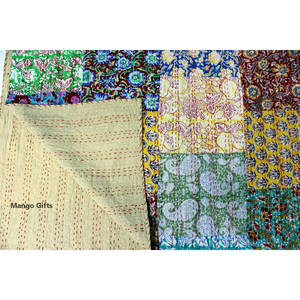 Cubrecama Boho Indio Queen Ralli Hecho a Mano Kantha con Estampado a Bloque y Patchwork para Hogares y Hoteles, Colcha Individual - Product Image 2