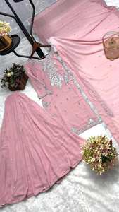 Salwar Kameez prêt-à-porter en Georgette rose de designer pakistanais, entièrement brodé avec des sequins, vêtements de mariage cousus, costumes Sharara - Product Image 6