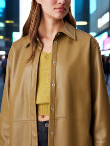 Women's Genuine Sheep <b>Leather</b> <b>Shirts</b> Button Closure Outerwear with Double Pockets Vintage Streetwear Letterman Design for Winter - Product Image 3