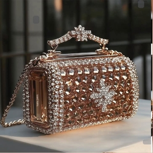 <b>Gold</b>-studded luxury box <b>bag</b> with crystal buckle. Bold metallic style available at wholesale prices. - Product Image 3