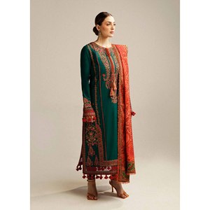Conjunto de 3 Piezas de Tela Satén HUSSAIN REHAR, Camisa Bordada Dhanak, Chal Estampado Courtrai, Pantalones - Product Image 1