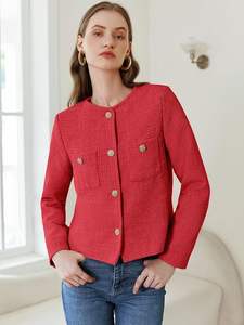 Chaqueta Blazer Corta de Tweed para Mujer, Manga Larga, con Botones, Estilo Casual de Negocios, con Bolsillos - Product Image 4