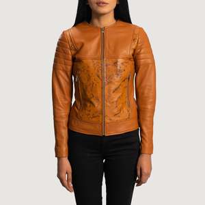 Chaqueta de Cuero Acolchada Color Bronceado para Mujer, Reversible, con Logotipo Personalizado, Tela Satinada, Talla 3XL, Otoño-Primavera, Decorada con Plumas - Product Image 1