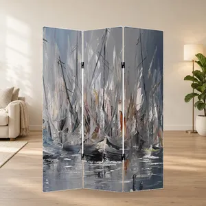 Peinture à l'huile de voiliers gris sur toile double face, écran pliable - Product Image 1