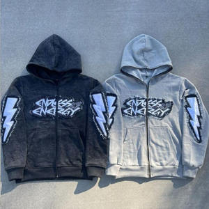 Traje de dos piezas de lana transpirable para hombre Sudadera con capucha y pantalón acampanado con cremallera completa Chándal 100% algodón Fleece Jogging Traje de moda - Product Image 2