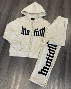 OEM Men's Winter Fashion Acid Wash Print Zip-Up Embroidered Breathable 100% Cotton Fleece Hoodie Sweatpants Set Distressed Patch - Product Image 2