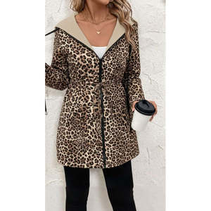 Chaqueta de viscosa de dos hilos con estampado de leopardo, manga larga, con capucha, bolsillos laterales, cordones y cremallera, 30208 - Beige - Product Image 3