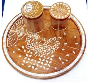 Bandeja de comida para servir de madera de nogal marrón rústica al por mayor con asas gran oferta incrustaciones de hueso MOQ 20 piezas - Product Image 2